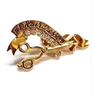 VINTAGE AVON Gold-Tone #1 HAIRDRESSER Scissors Rhinestone Brooch Pin